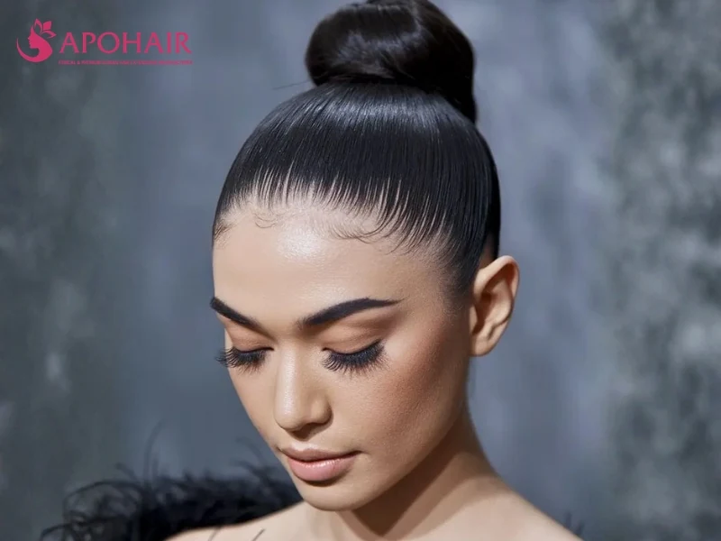 Round high ballerina bun with dark hair smoothed tightly at the hairline