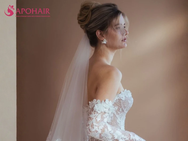Bride in a lace gown wearing a soft full updo with loose front strands