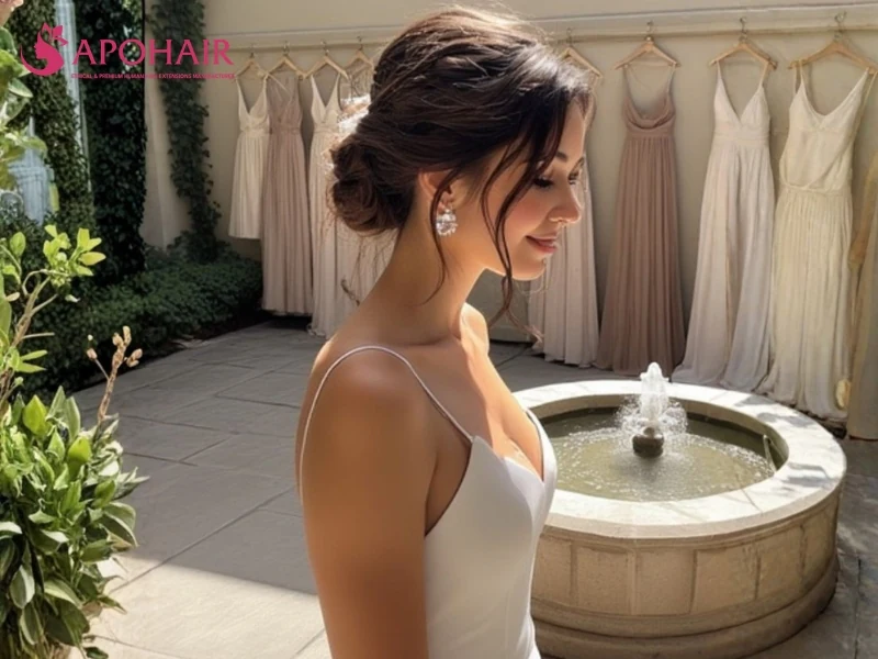 Twisted brunette updo with softly curled strands beside the face