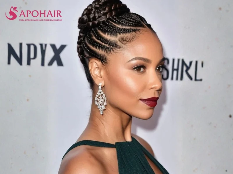 Curved cornrows braided upward into a compact high bun