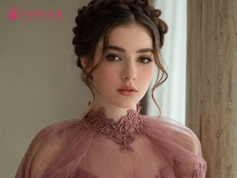 Soft braided crown updo with loose curls framing the face