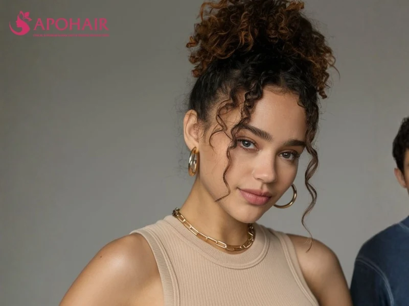 High curly puff with loose ringlets framing the face