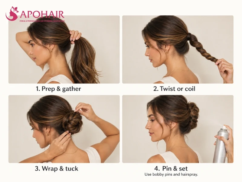 Four illustrated steps showing how to gather, twist, tuck and pin a low updo