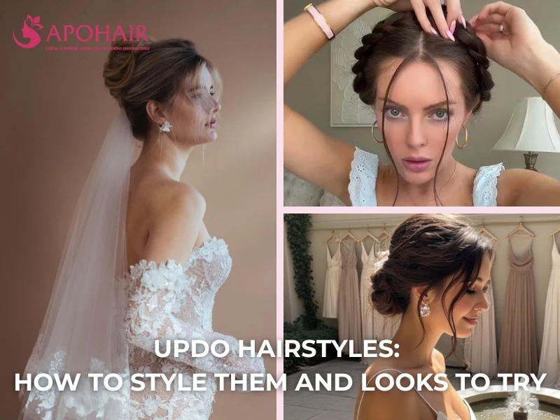Collage of bridal and casual updos with the Updo Hairstyles guide title