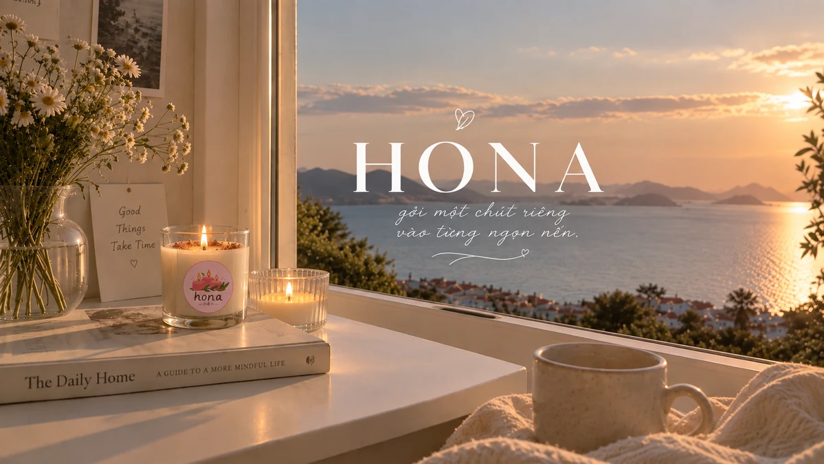 HONA banner over a candlelit room with an ocean sunset view