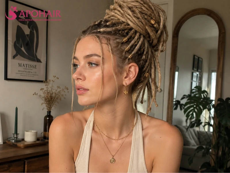 Long blonde locs gathered high with several locs left loose at the front