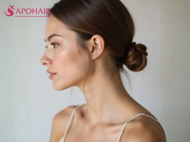 Sleek low chignon with a side part viewed in profile