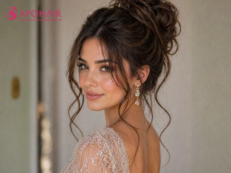 Voluminous high brunette updo with a lifted crown and loose tendrils