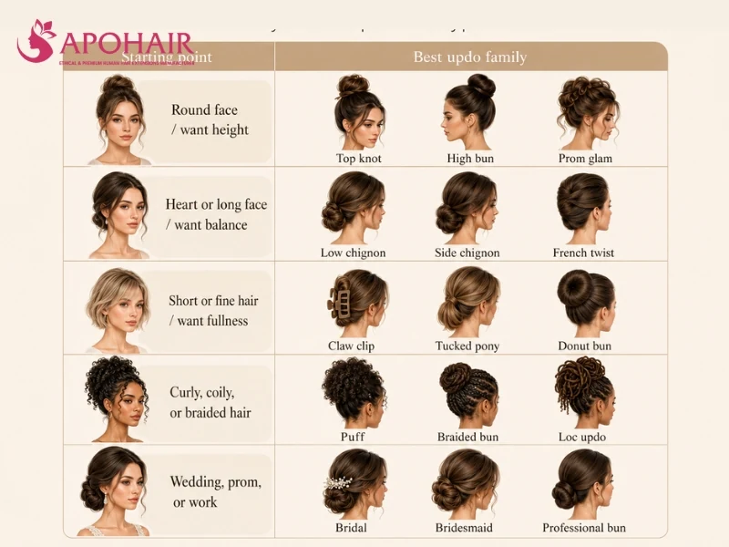 Chart comparing updo styles for face shapes, hair textures and occasions